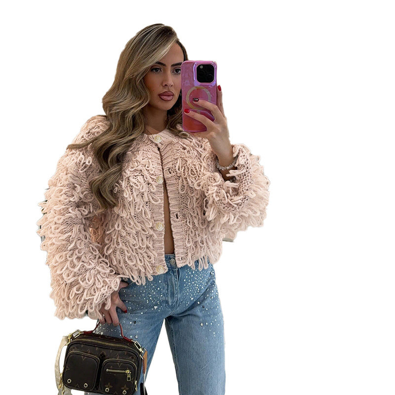 Womens Fashion Knitted Tassel-Trimmed Button-Up Sweater Coat