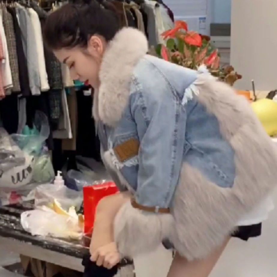 Denim Parka With Faux Fox Fur Trim