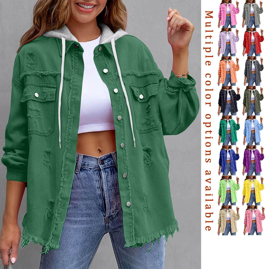 Womens Solid-Color Loose Denim Hooded Jacket