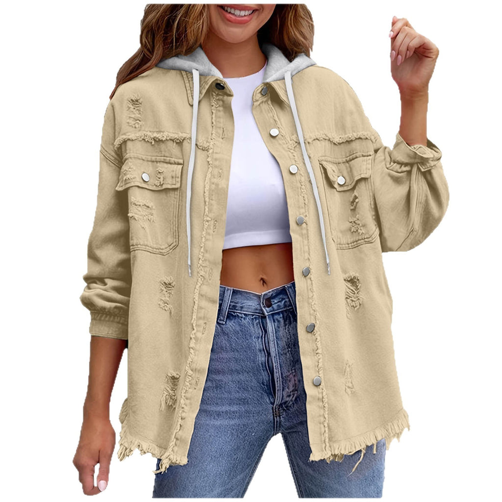 Womens Solid-Color Loose Denim Hooded Jacket