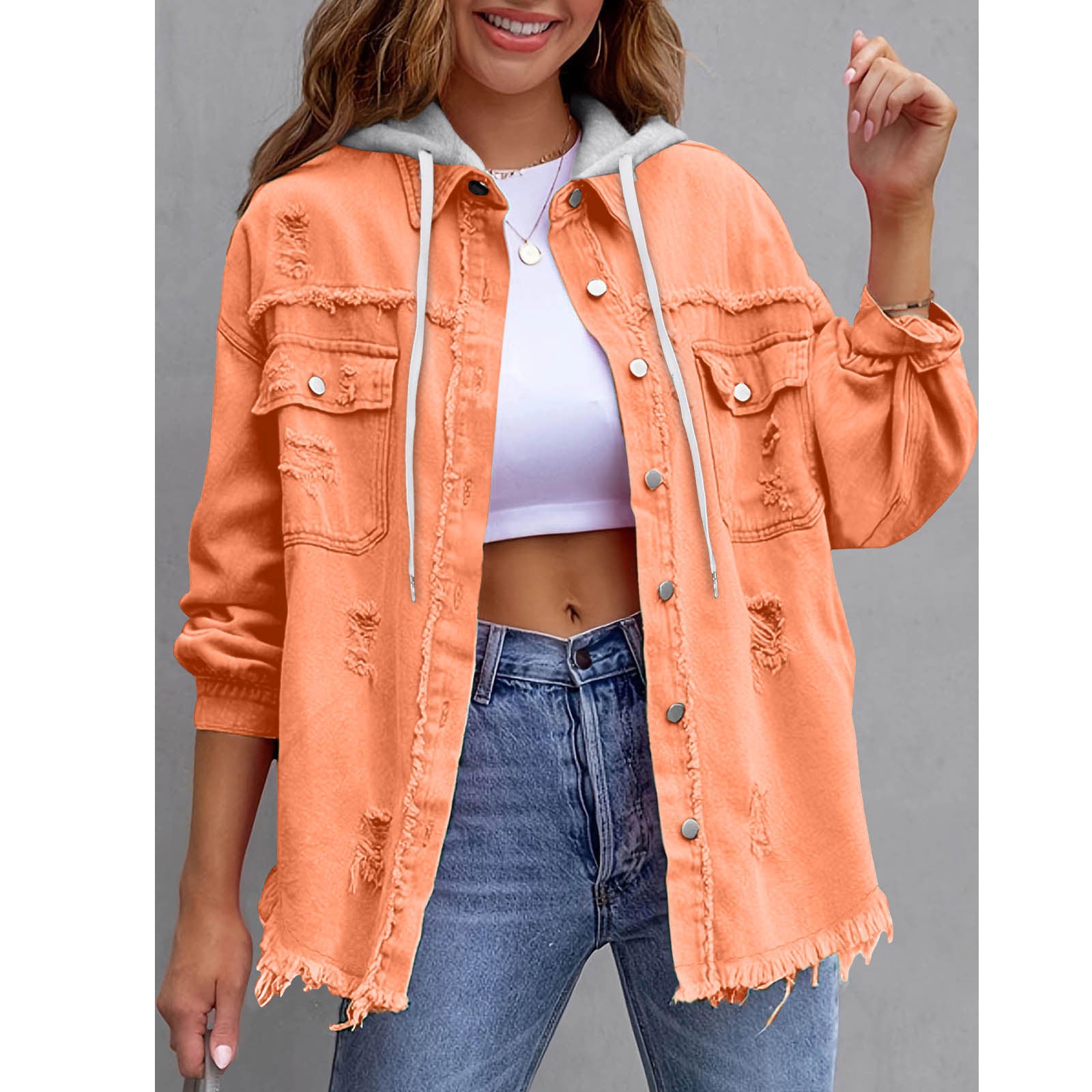Womens Solid-Color Loose Denim Hooded Jacket