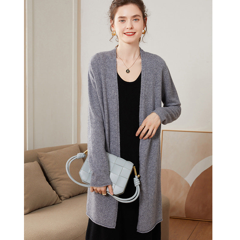 Ribbed Solid-Color Cashmere Knit Cardigan For Women Long-Sleeve Mid-Length Outerwear