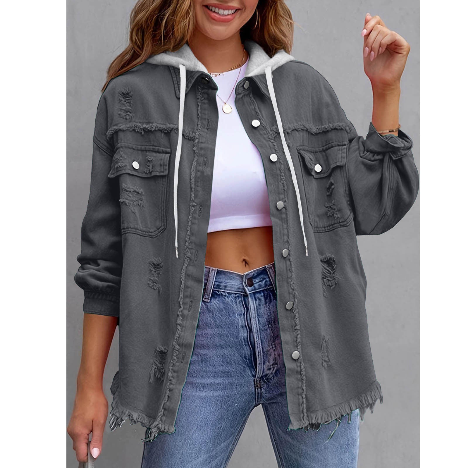 Womens Solid-Color Loose Denim Hooded Jacket