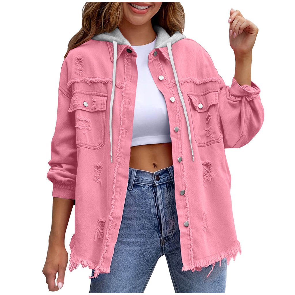 Womens Solid-Color Loose Denim Hooded Jacket