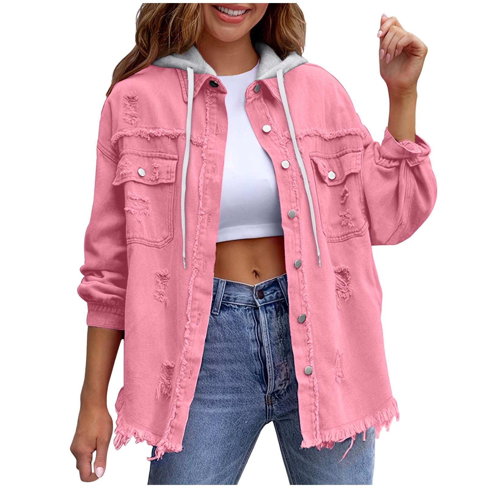 Womens Solid-Color Loose Denim Hooded Jacket