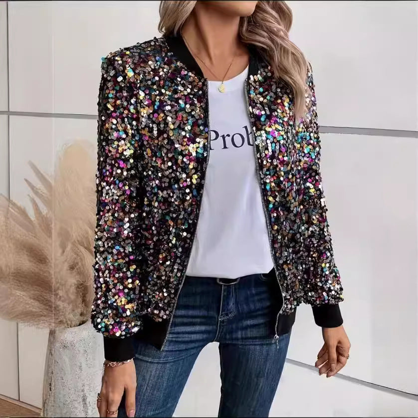 Womens Elegant Fashionable Long Sleeve Jacket With Colorful Sequins
