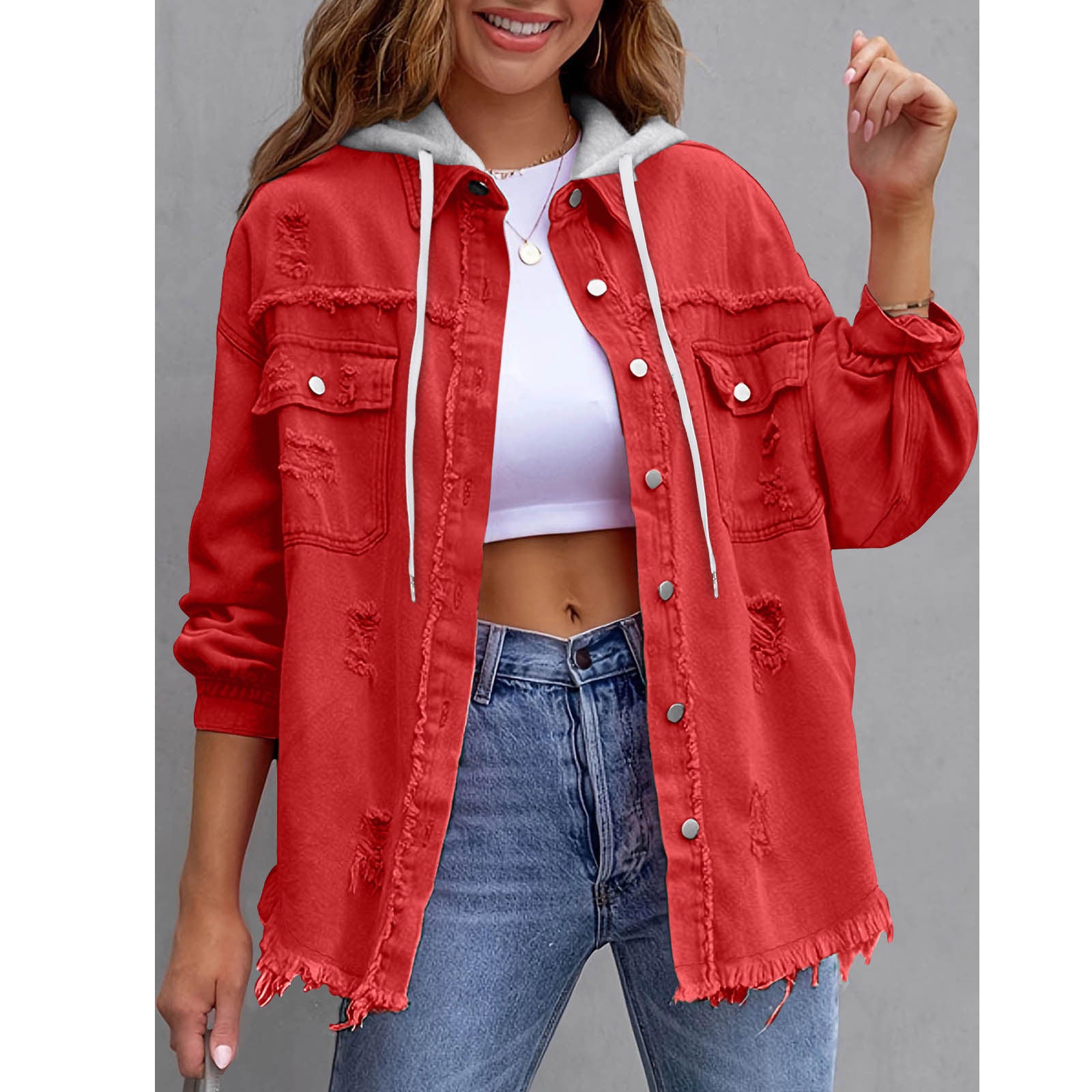 Womens Solid-Color Loose Denim Hooded Jacket
