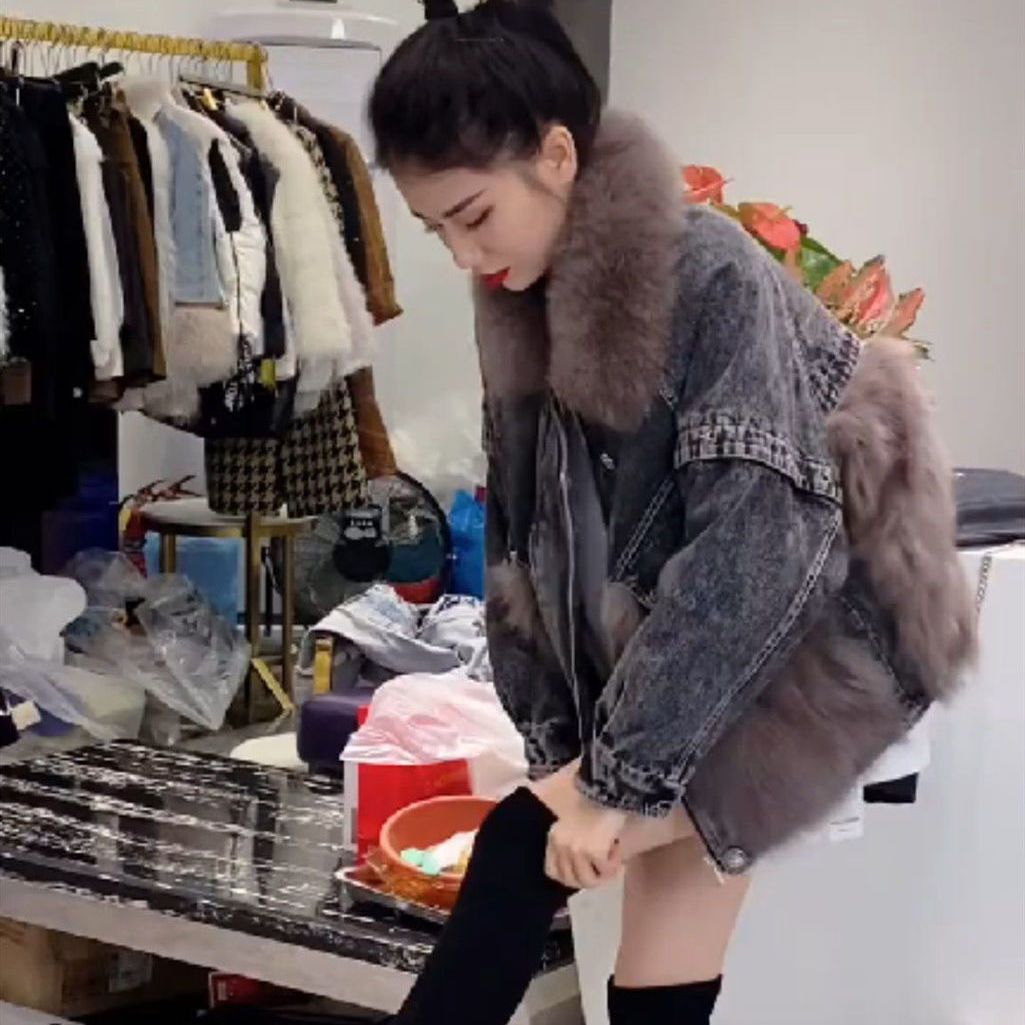 Denim Parka With Faux Fox Fur Trim