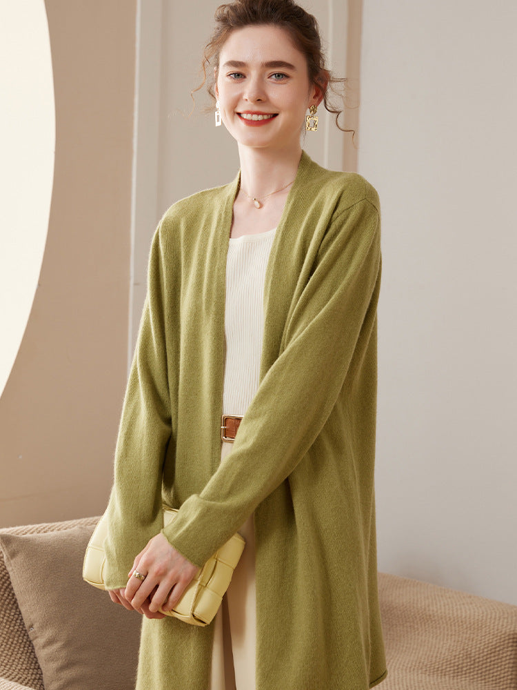 Ribbed Solid-Color Cashmere Knit Cardigan For Women Long-Sleeve Mid-Length Outerwear