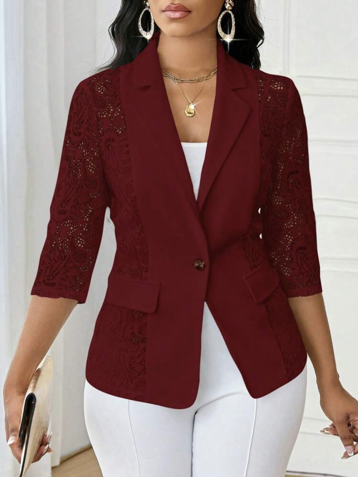Womens Solid-Color Lace Hollowed-Out Three-Quarter-Sleeve Casual Jacket