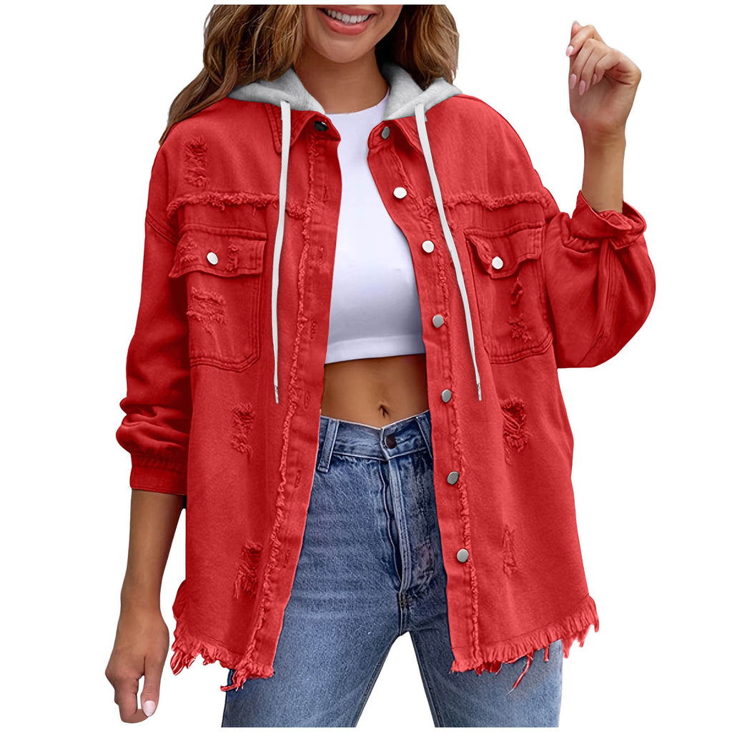 Womens Solid-Color Loose Denim Hooded Jacket