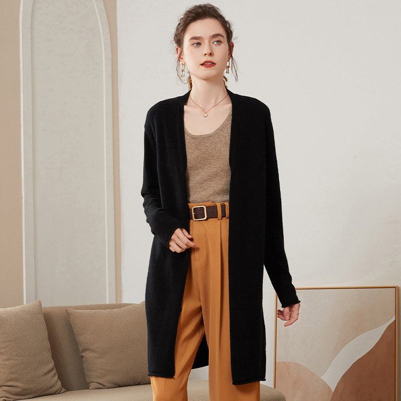 Ribbed Solid-Color Cashmere Knit Cardigan For Women Long-Sleeve Mid-Length Outerwear