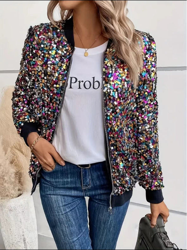 Womens Elegant Fashionable Long Sleeve Jacket With Colorful Sequins