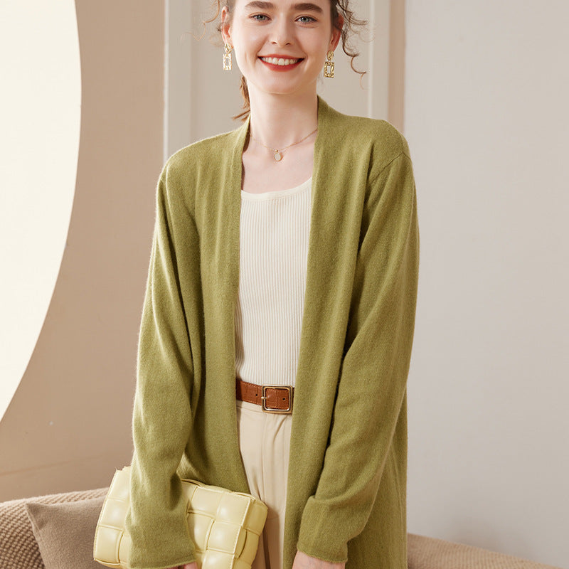 Ribbed Solid-Color Cashmere Knit Cardigan For Women Long-Sleeve Mid-Length Outerwear