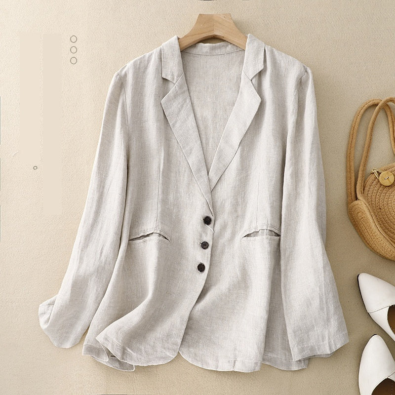 Womens Retro Casual Linen Blazer With A Notch Lapel For Layering