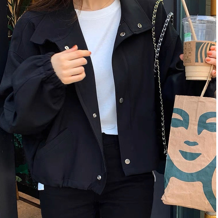 Solid Color Relaxed Fit Top With A Stand Up Collar