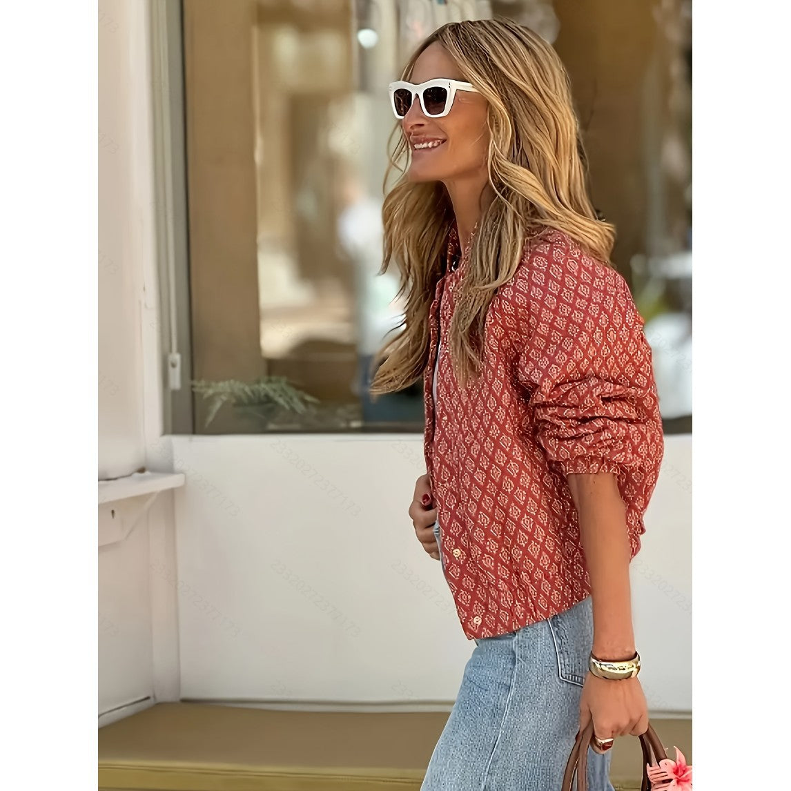 Womens Letter-Print Jacket With Buttons And Long Sleeves