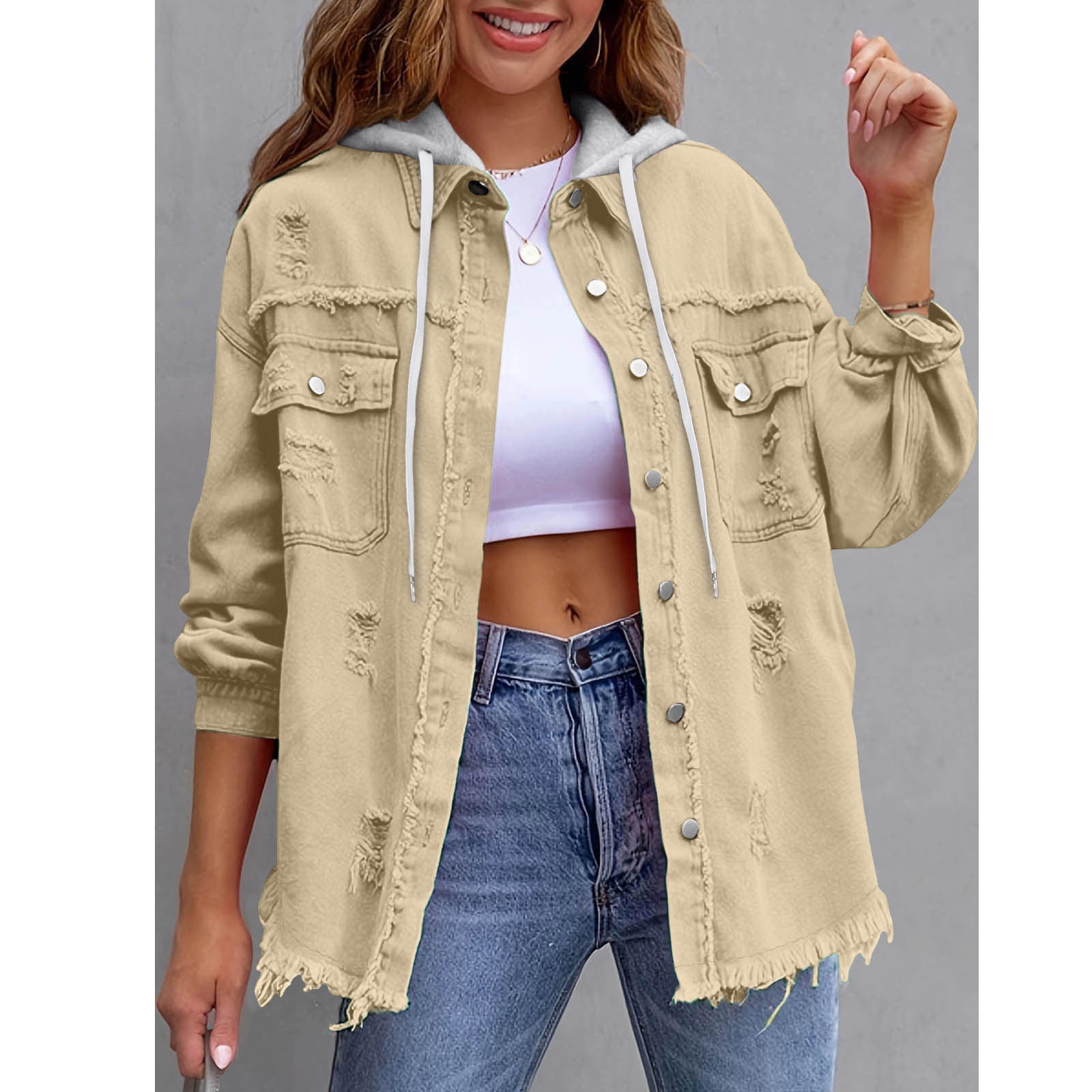 Womens Solid-Color Loose Denim Hooded Jacket