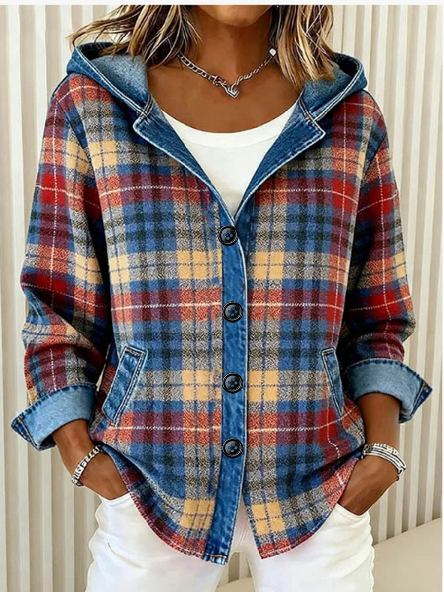 New Womens Trendy Plaid Contrast-color Jacket