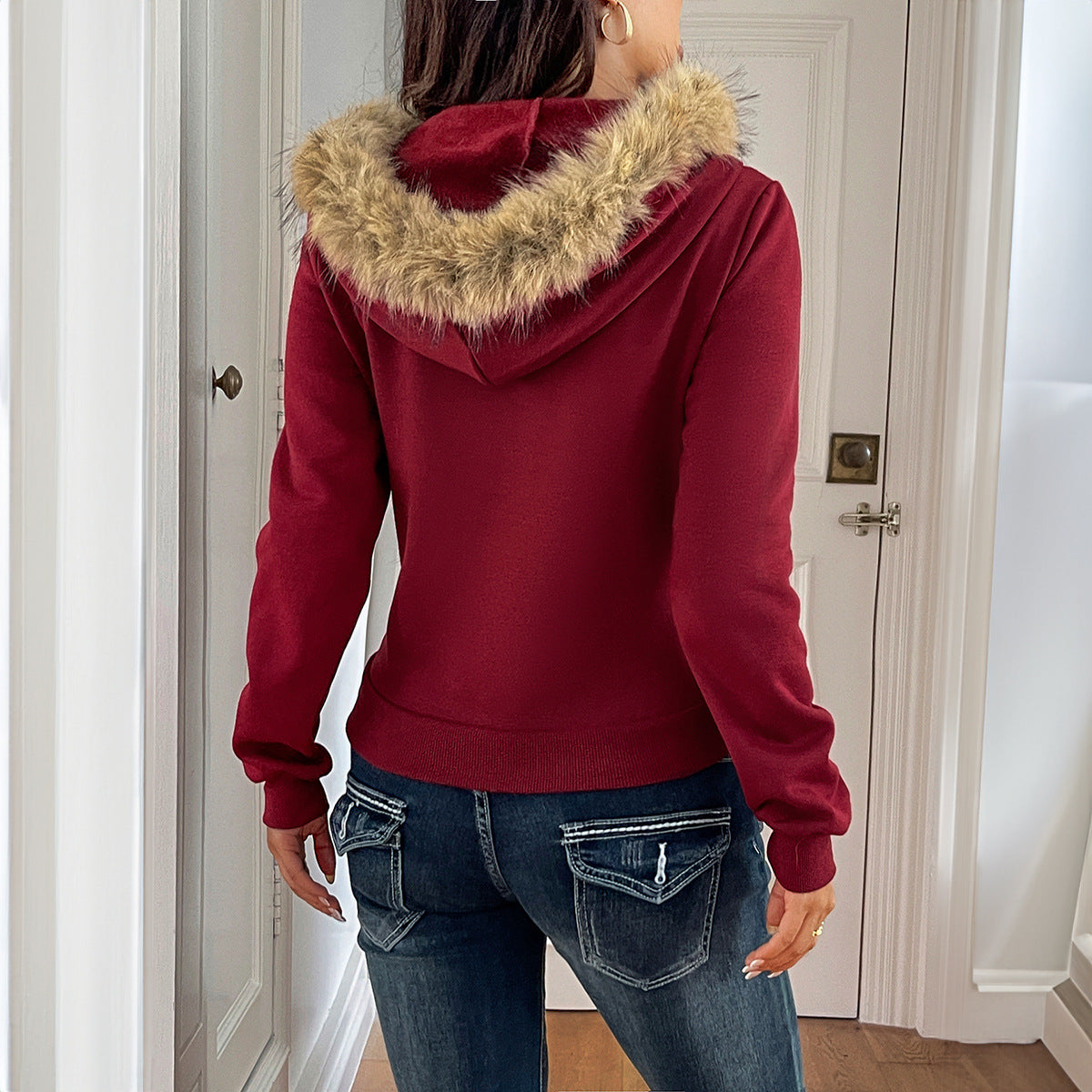 Womens French-Elegant Coat With Zipper And Faux Fur Collar