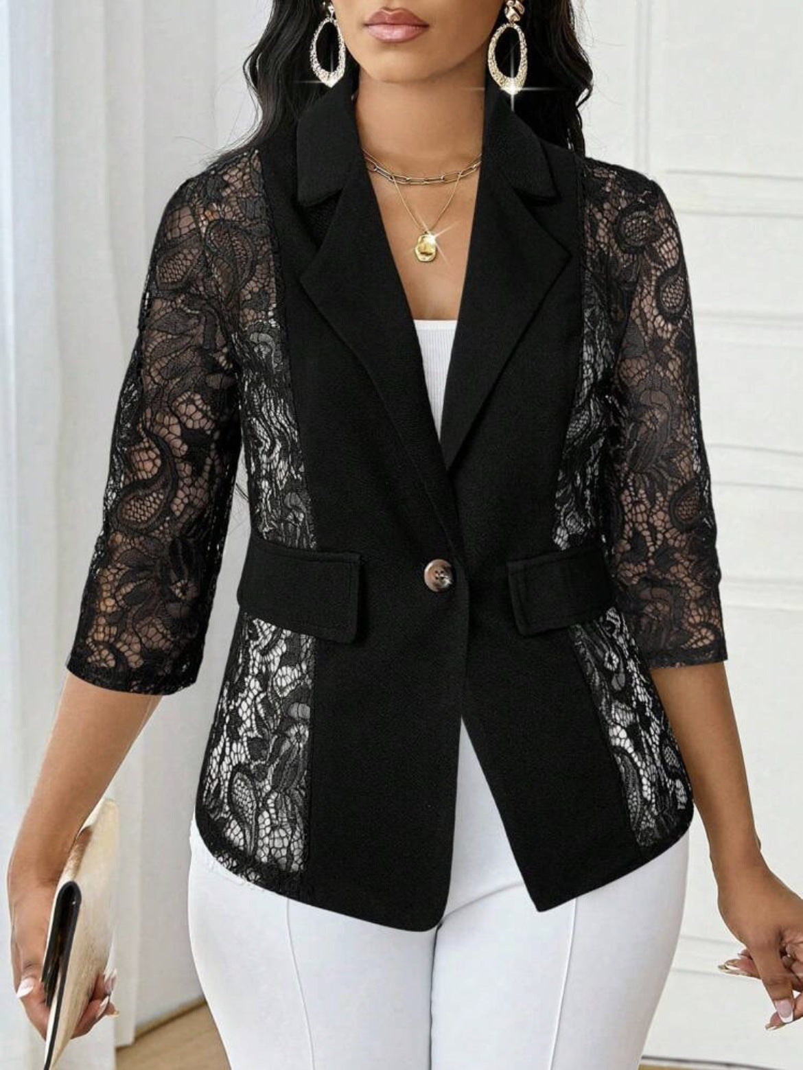 Womens Solid-Color Lace Hollowed-Out Three-Quarter-Sleeve Casual Jacket