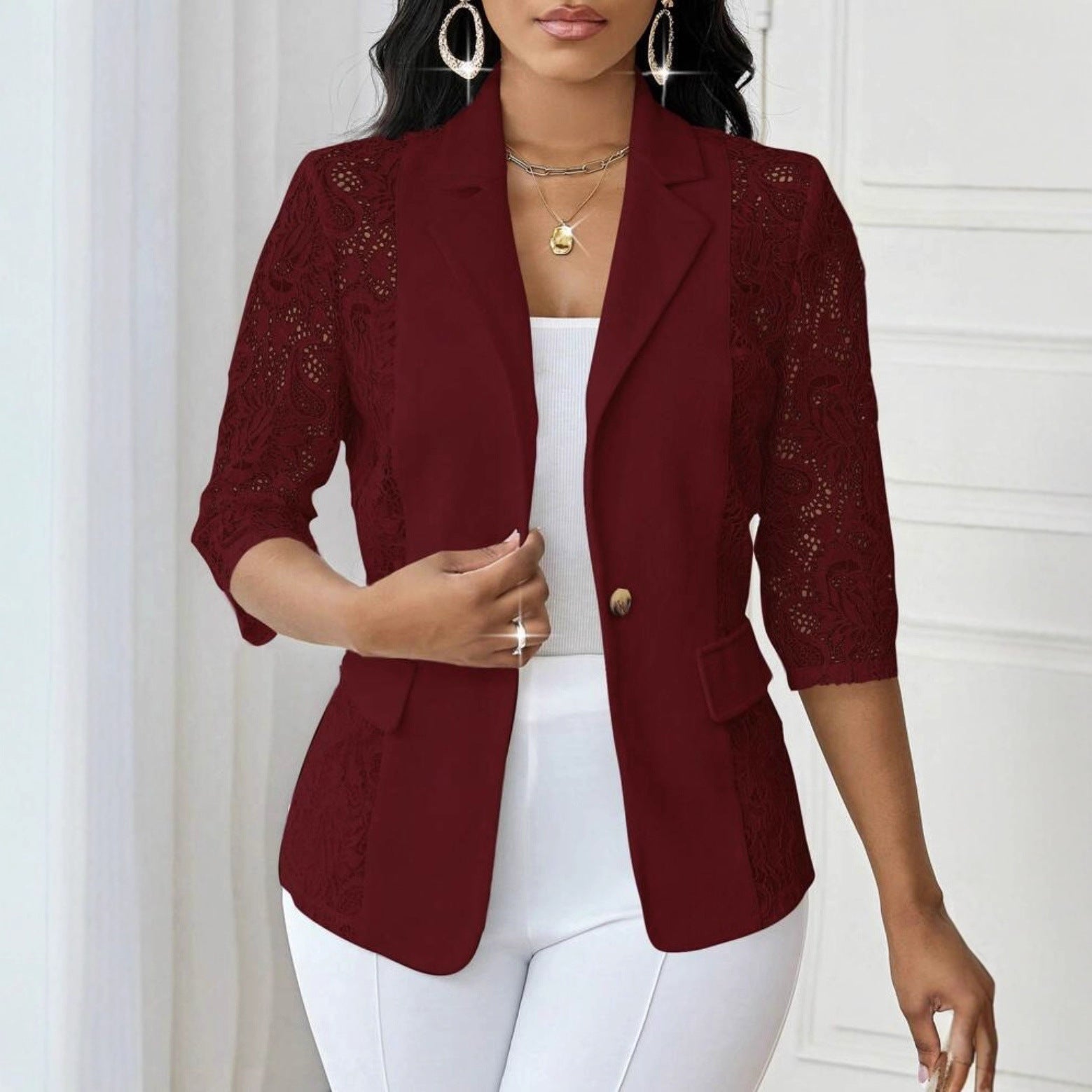 Womens Solid-Color Lace Hollowed-Out Three-Quarter-Sleeve Casual Jacket