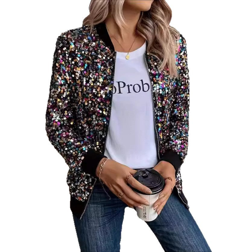 Womens Elegant Fashionable Long Sleeve Jacket With Colorful Sequins