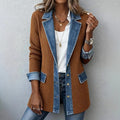 Womens Casual Denim Patchwork Ribbed Lapel Jacket Suit