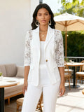 Womens Solid-Color Lace Hollowed-Out Three-Quarter-Sleeve Casual Jacket
