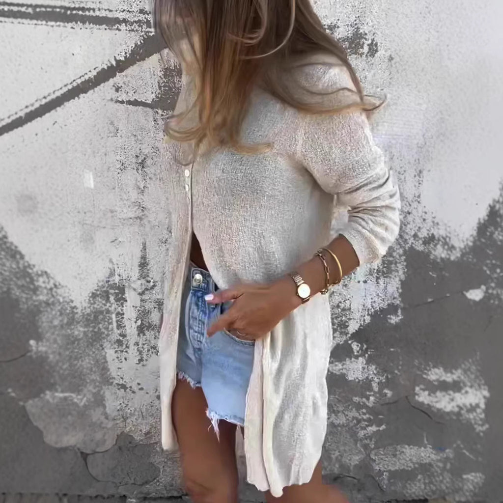 Long-sleeve Mid-length V-neck Solid-color Single-breasted Coat