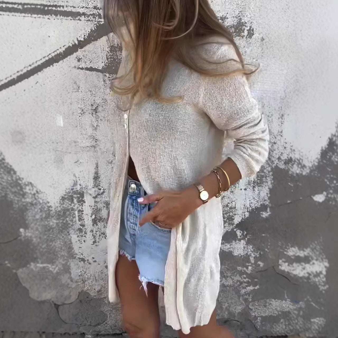 Long-sleeve Mid-length V-neck Solid-color Single-breasted Coat