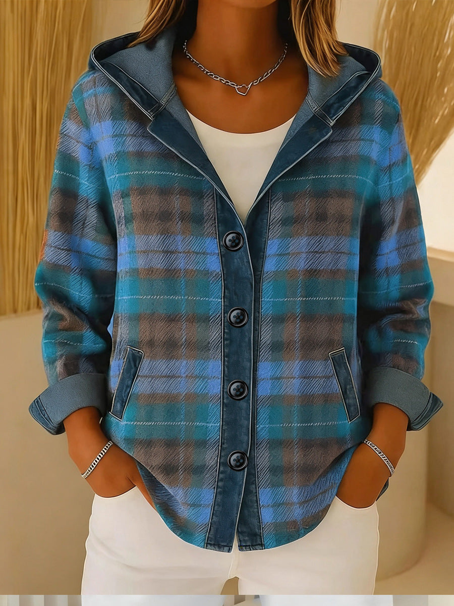 New Womens Trendy Plaid Contrast-color Jacket