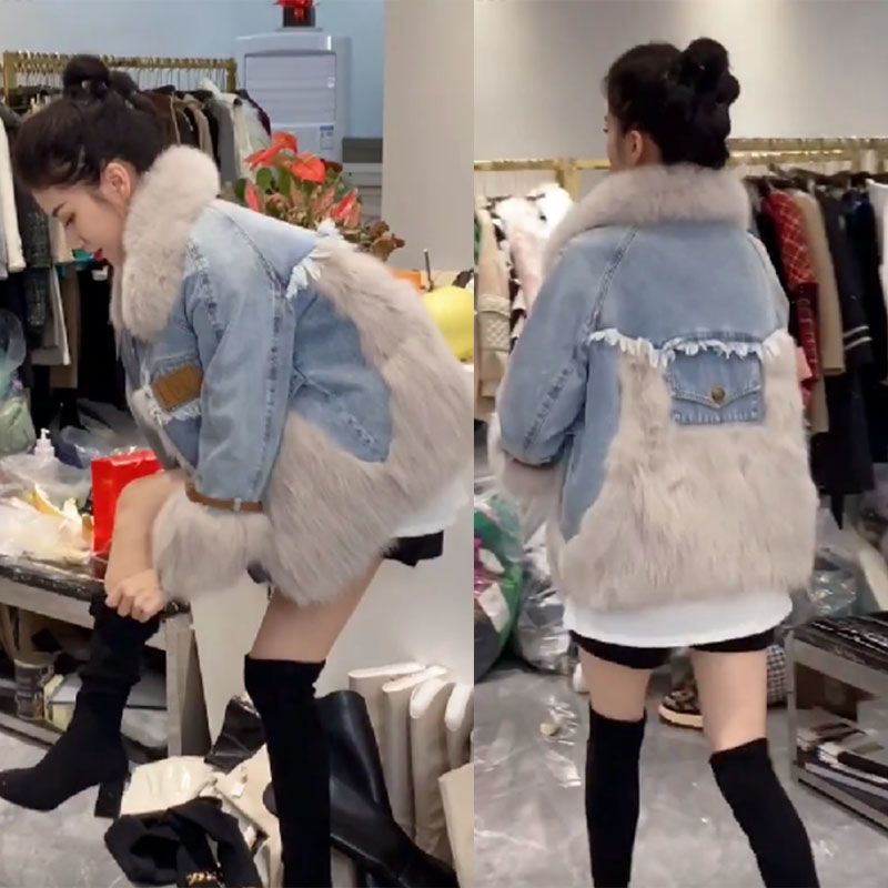 Denim Parka With Faux Fox Fur Trim