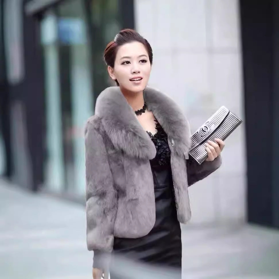 Womens Short Faux Rex Rabbit Fur Coat Slim Fit