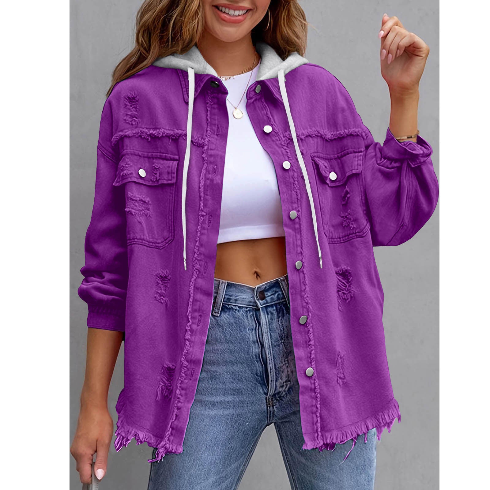 Womens Solid-Color Loose Denim Hooded Jacket