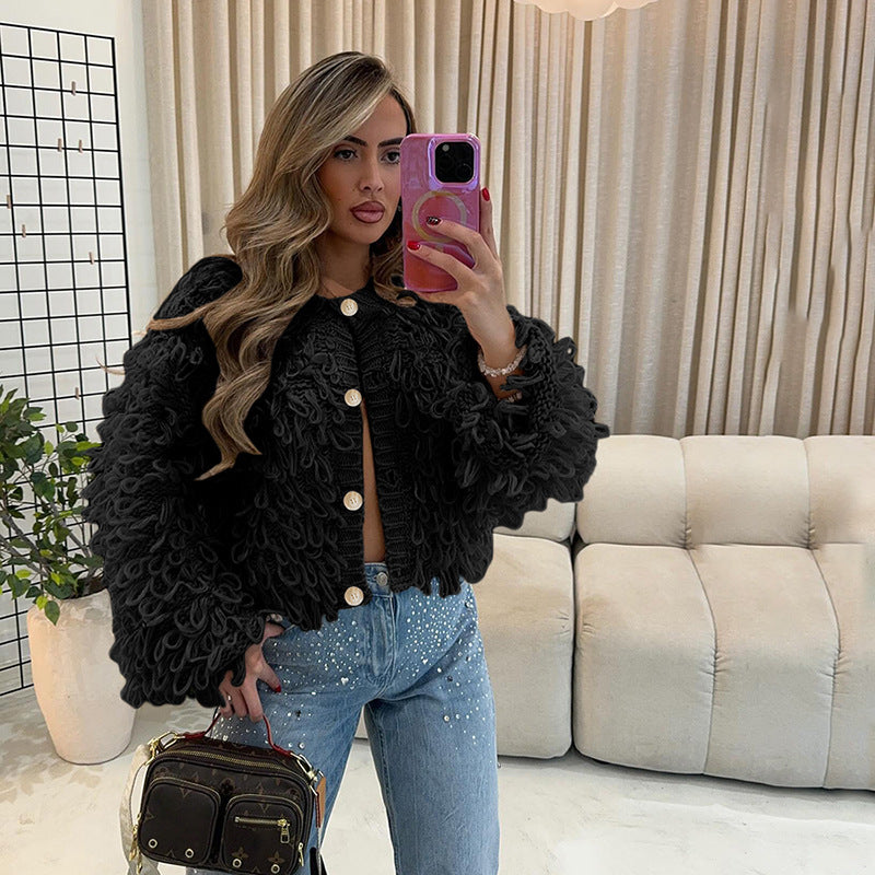 Womens Fashion Knitted Tassel-Trimmed Button-Up Sweater Coat