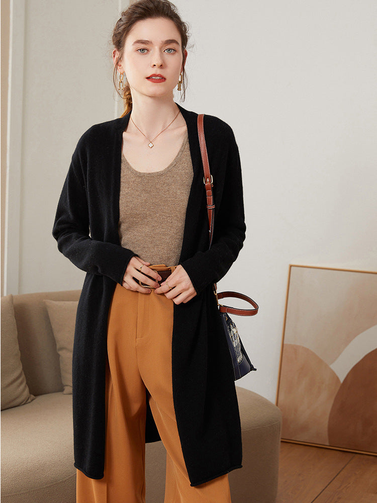 Ribbed Solid-Color Cashmere Knit Cardigan For Women Long-Sleeve Mid-Length Outerwear