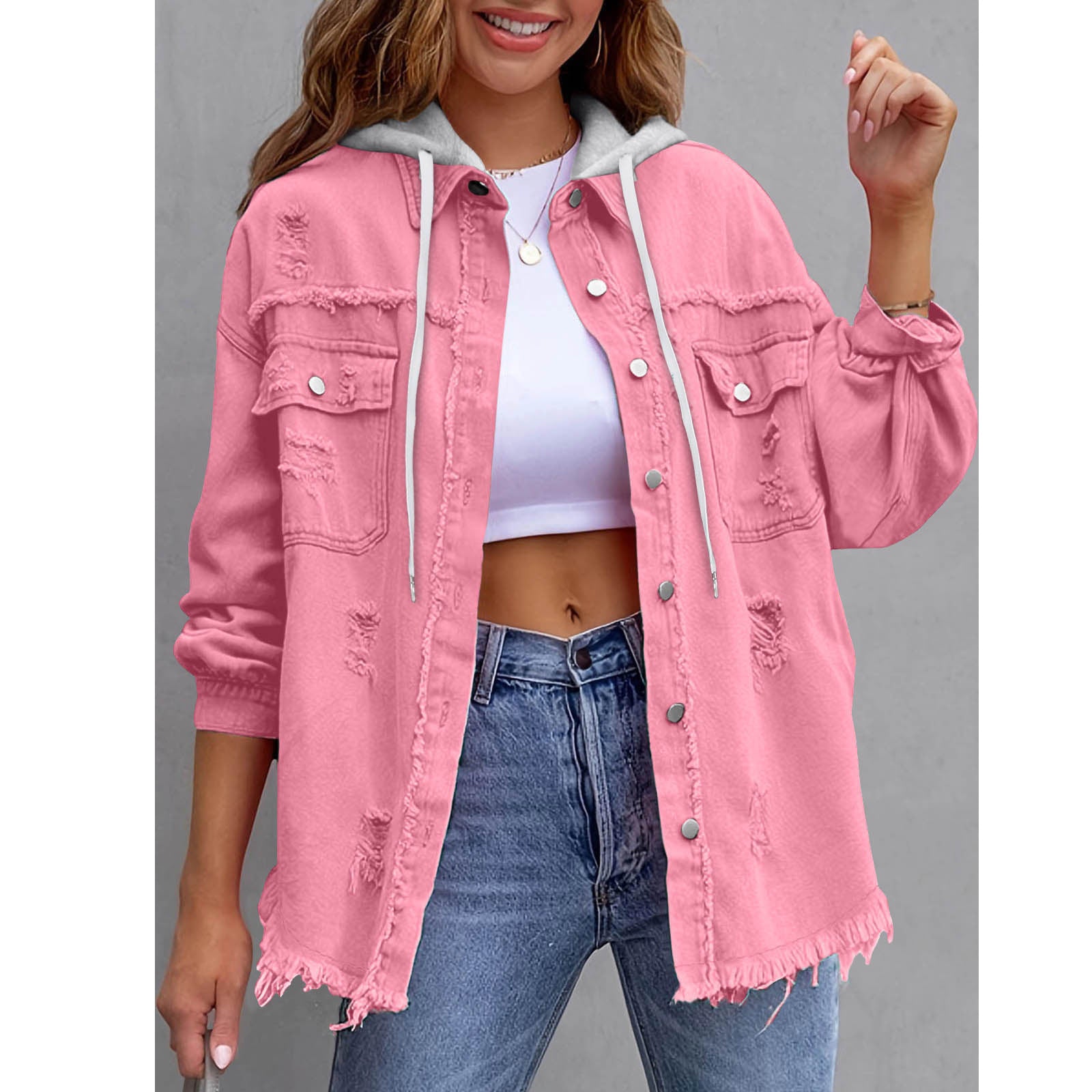 Womens Solid-Color Loose Denim Hooded Jacket