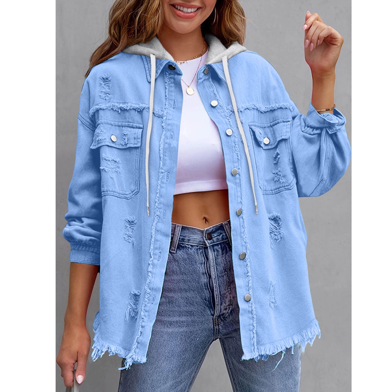 Womens Solid-Color Loose Denim Hooded Jacket