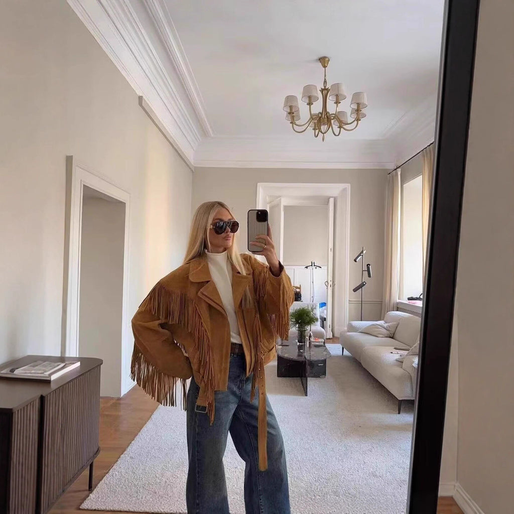 Retro-chic High-end Peplum Jacket With A Notched Collar And Fringed Wide Shoulders