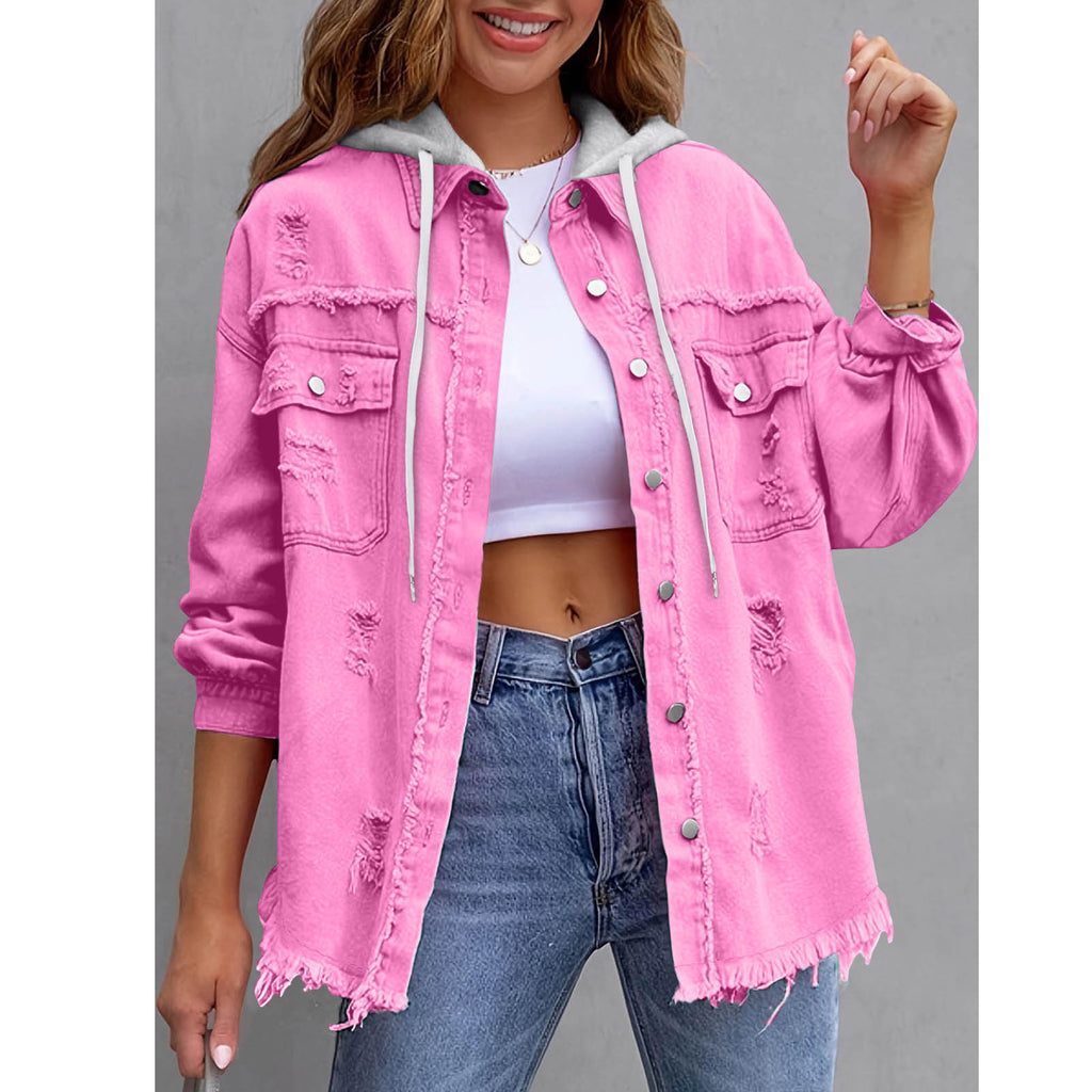 Womens Solid-Color Loose Denim Hooded Jacket