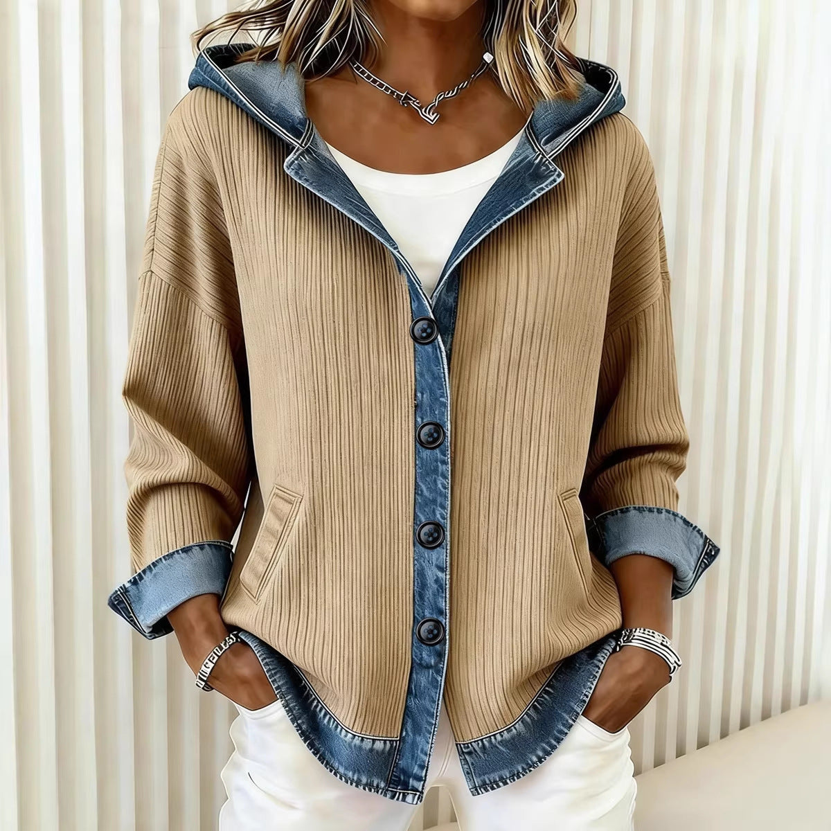 New Womens Trendy Plaid Contrast-color Jacket