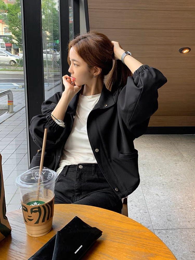 Solid Color Relaxed Fit Top With A Stand Up Collar