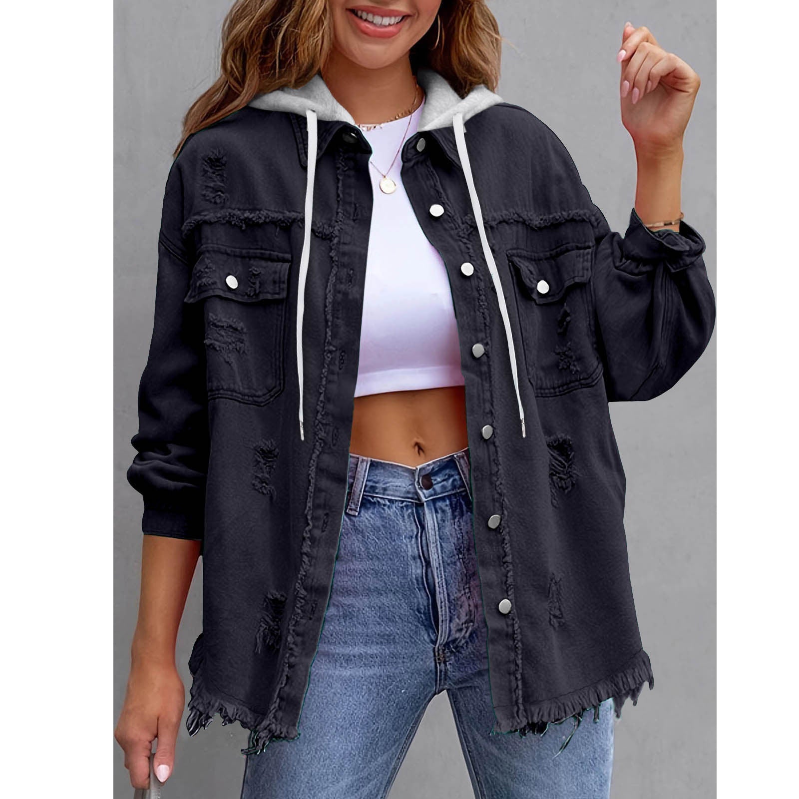 Womens Solid-Color Loose Denim Hooded Jacket